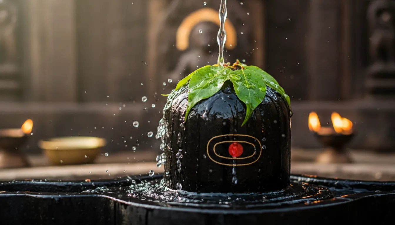 Holy water flowing over a black stone Mahadev Shiv Ling photo.