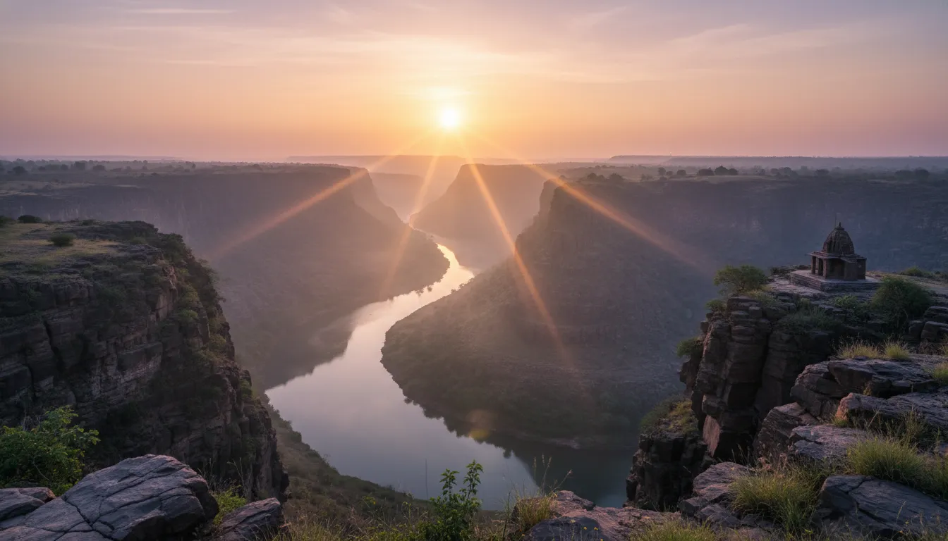 Beautiful morning sunrise over the cliffs of Garadia Mahadev temple with mist over Chambal river.