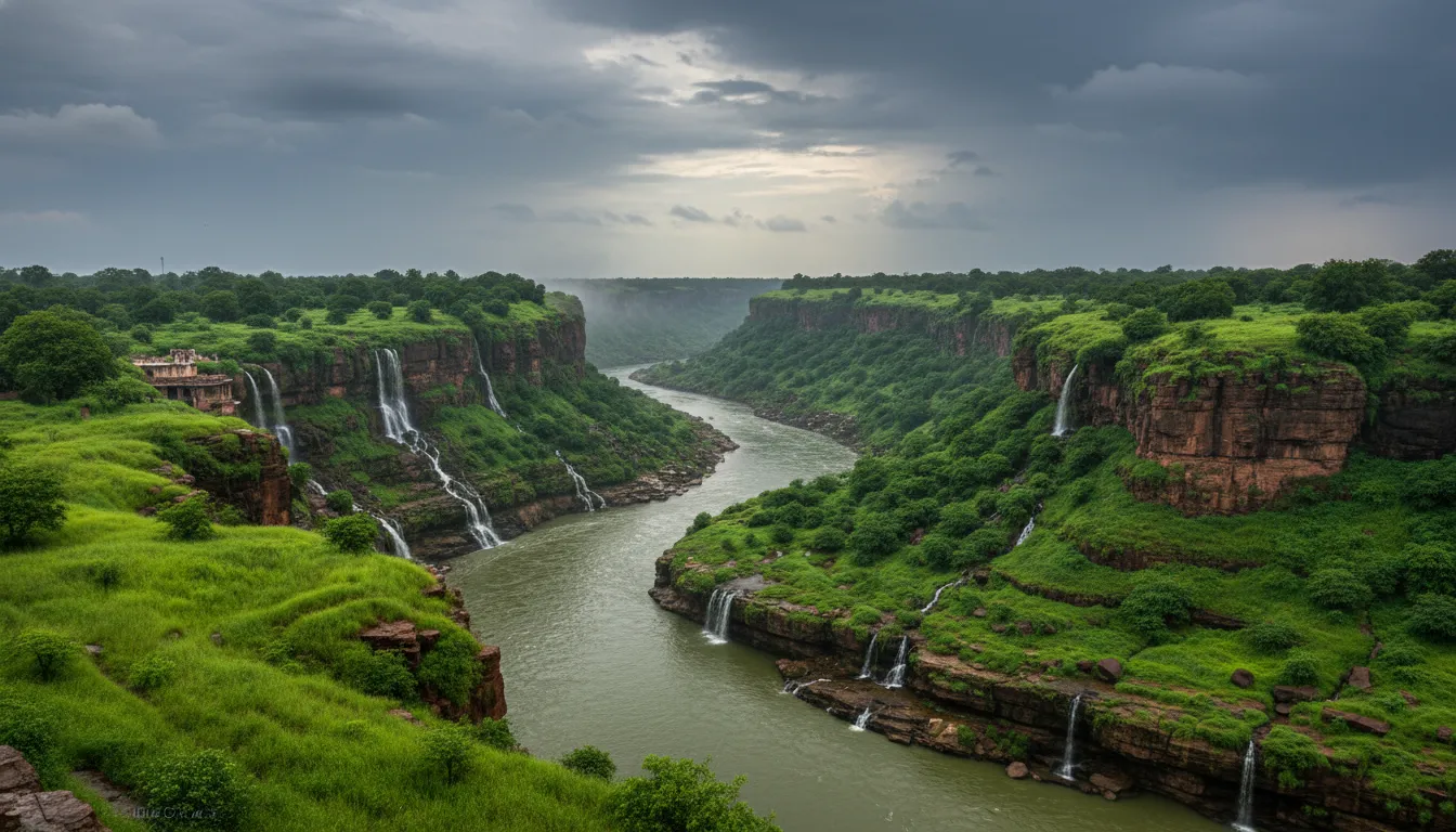 Vibrant green landscape of Garadia Mahadev temple and canyon during the monsoon season in Rajasthan.