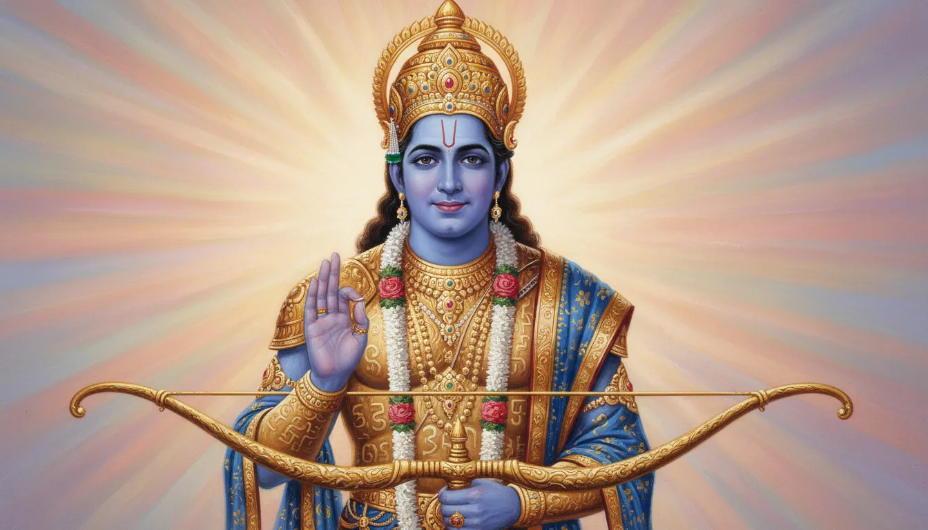 Smiling blue-skinned deity holding a bow and raising one hand in a blessing