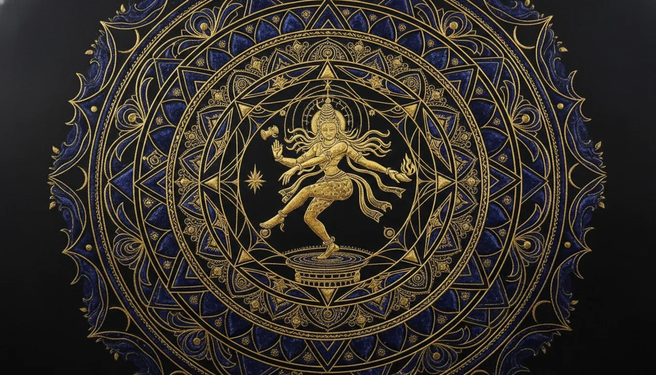 Circular geometric mandala artwork featuring the cosmic dance of Shiva Nataraja