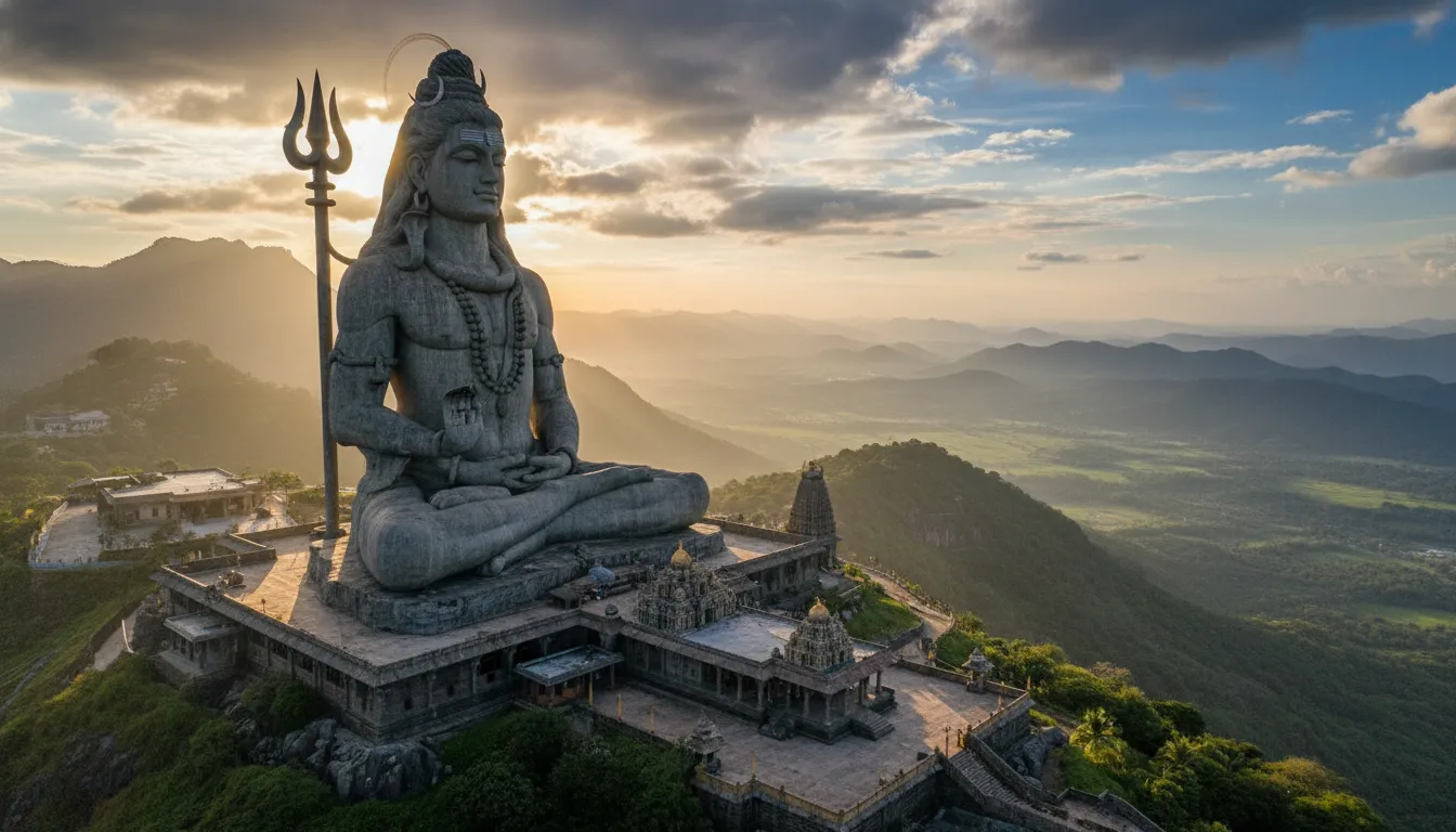 A giant Lord Shiva statue seated above green hills with a temple below and glowing sky behind.