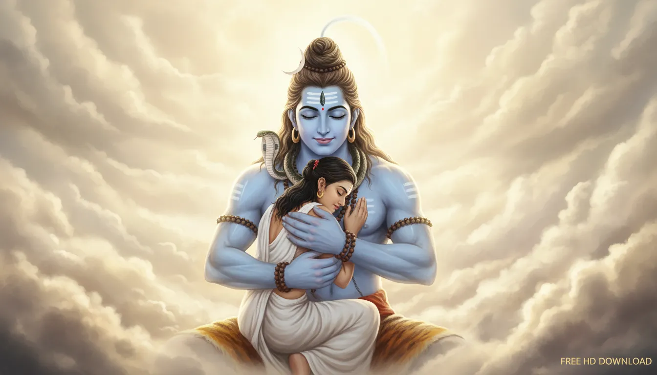 giant Lord Shiva embracing devotee in sky divine hug of love