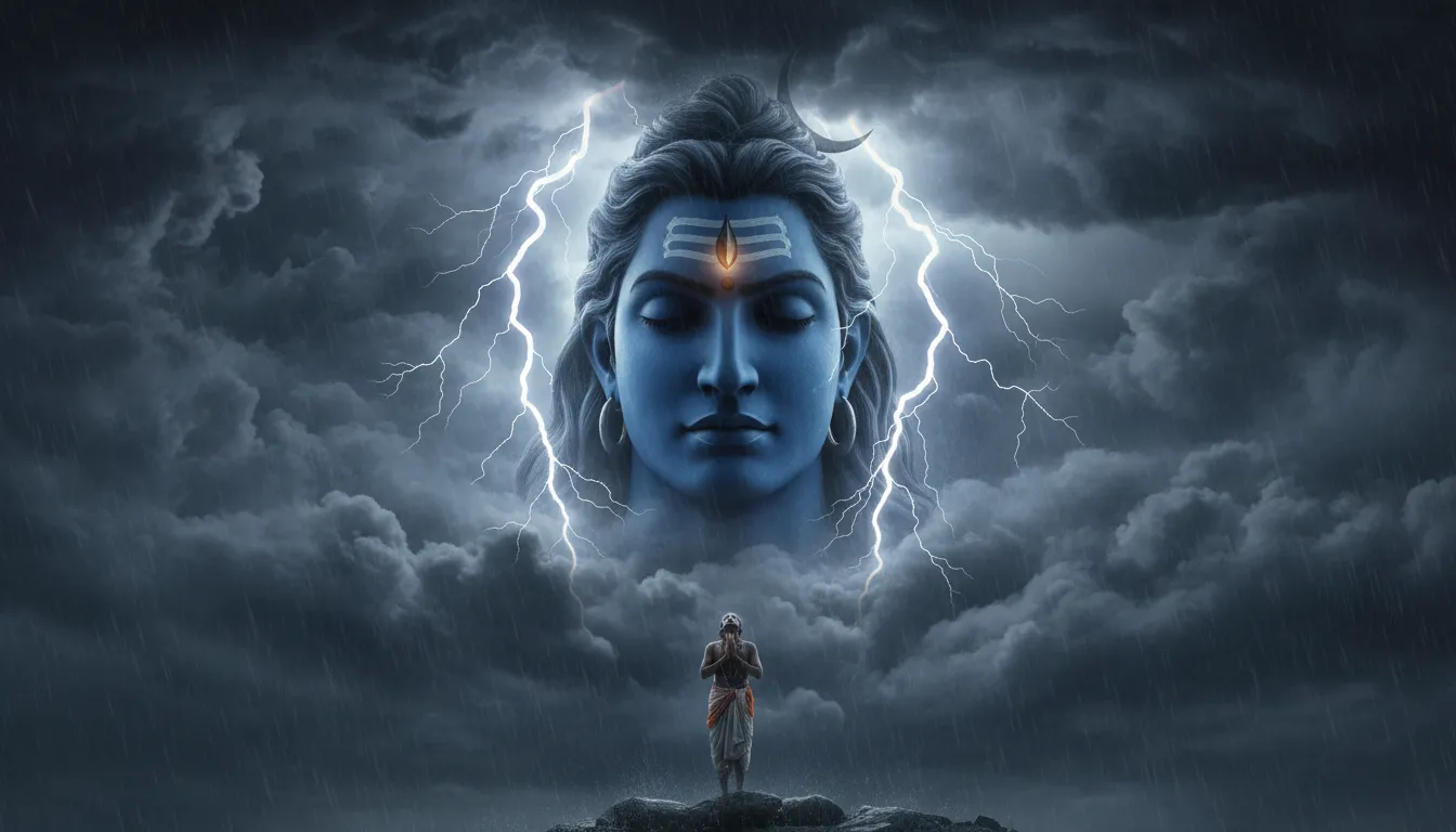 giant Lord Shiva face appearing in dark storm clouds divine vision