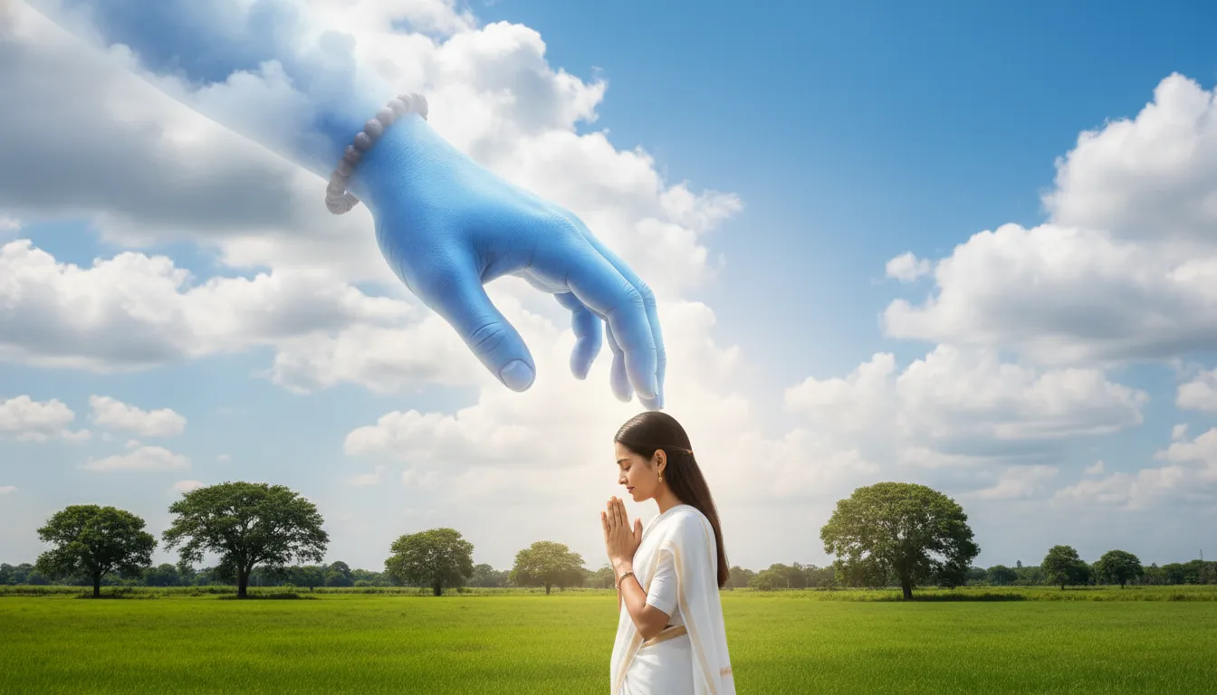 giant Lord Shiva hand reaching through white clouds to touch devotee head