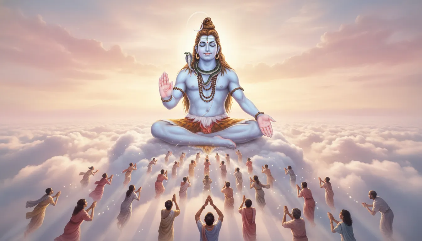 giant Lord Shiva seated on cloud with devotees flying upward toward him