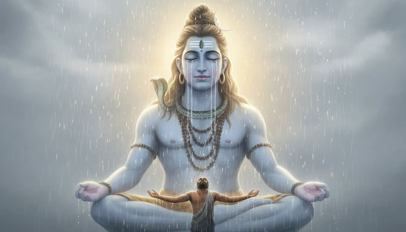 giant Lord Shiva crying tears flowing as rain on devotee below divine compassion