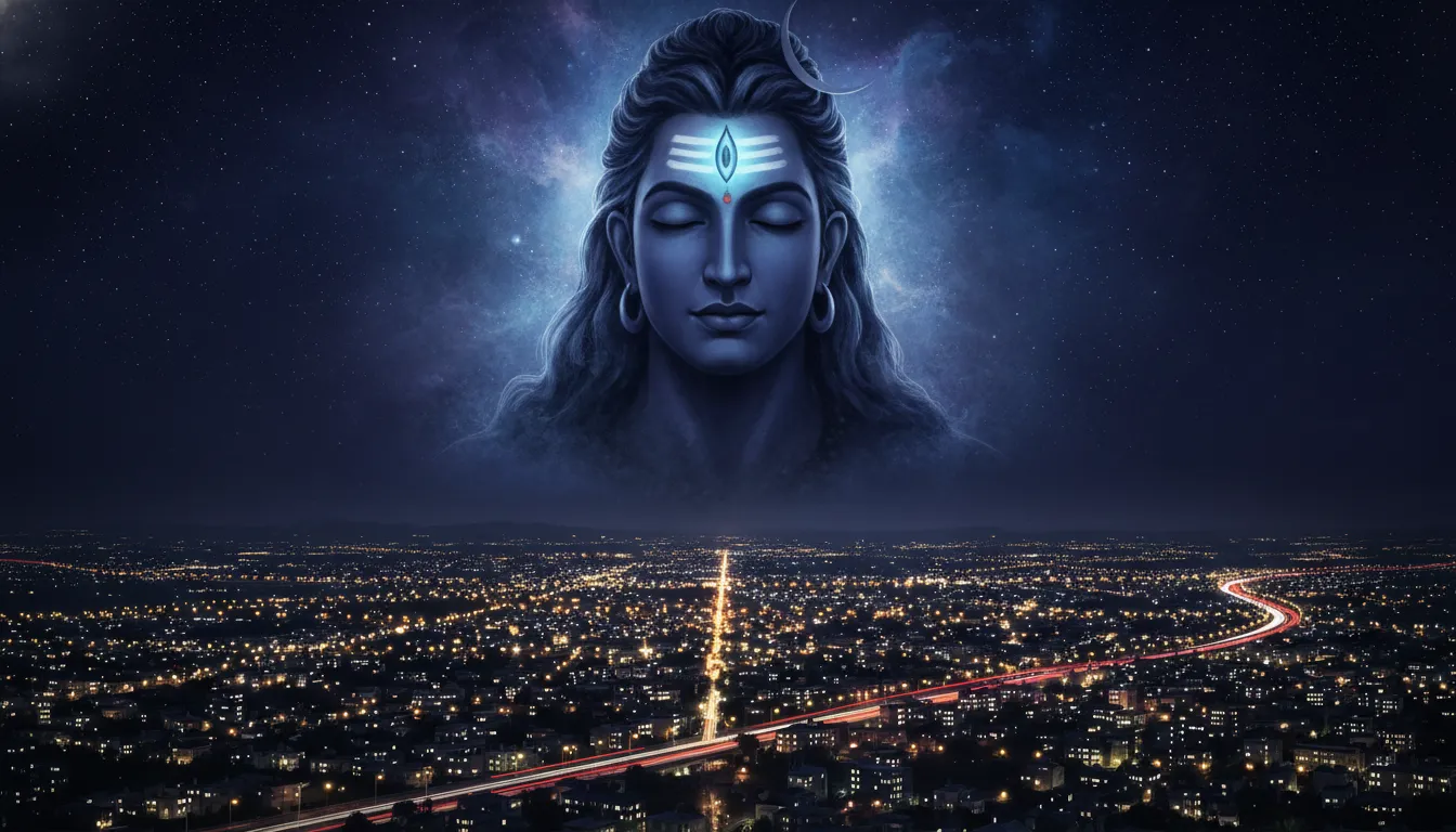 giant Lord Shiva third eye opening over sleeping city at night divine protection