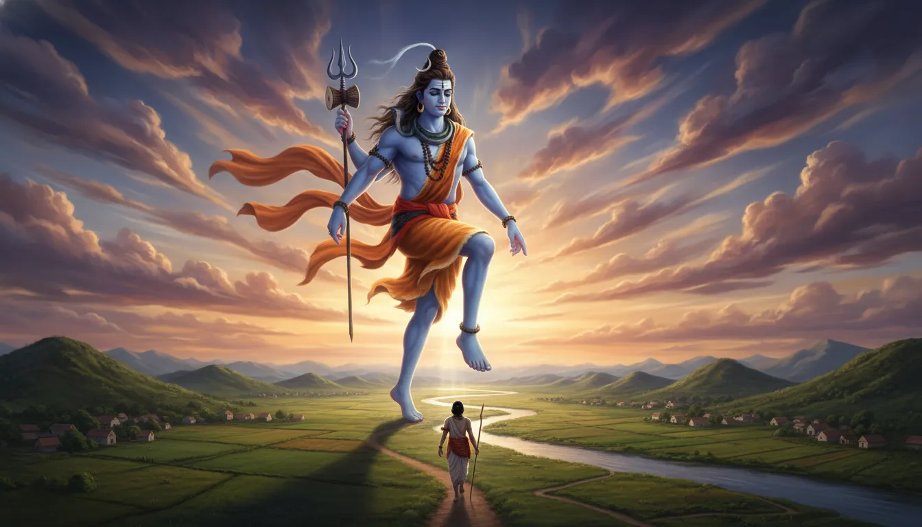 giant Lord Shiva walking through sky with devotee following on earth below