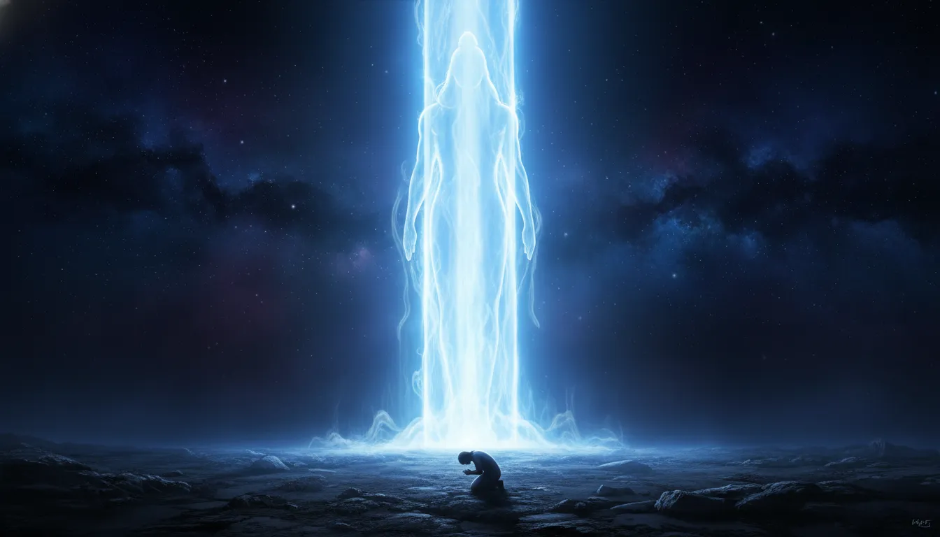 giant Lord Shiva as cosmic pillar of light stretching from earth to sky