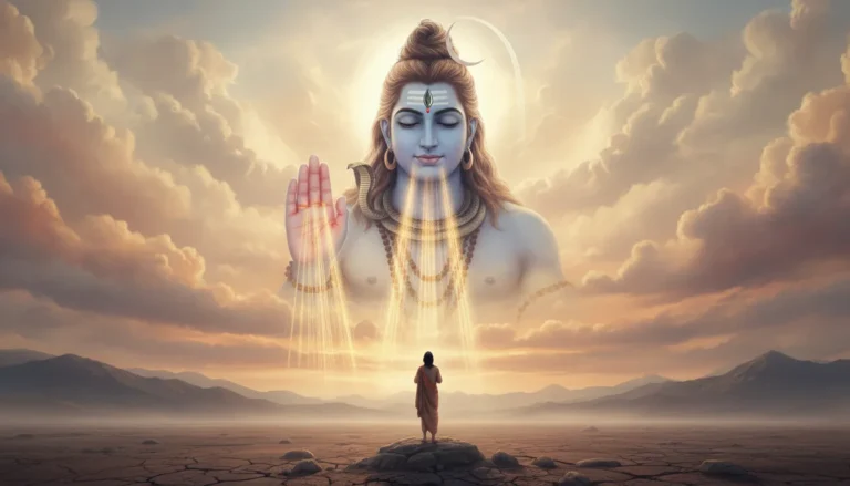 giant Lord Shiva in sky blessing woman spiritual surreal scene