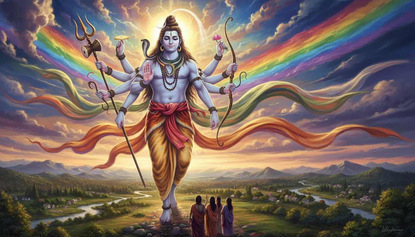 giant Lord Shiva with multiple arms appearing in rainbow colored sky divine vision