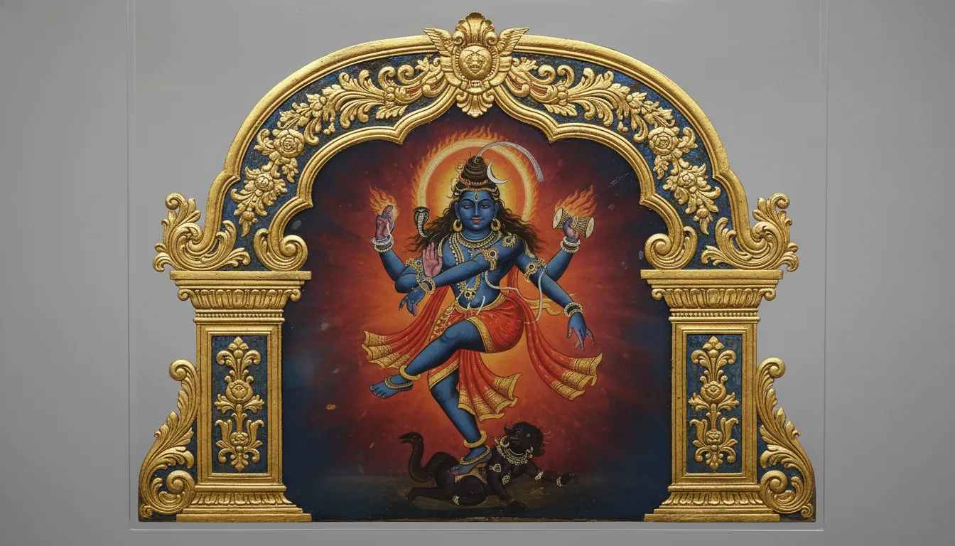 Reverse glass painting style Nataraja with Victorian decorative arch frame