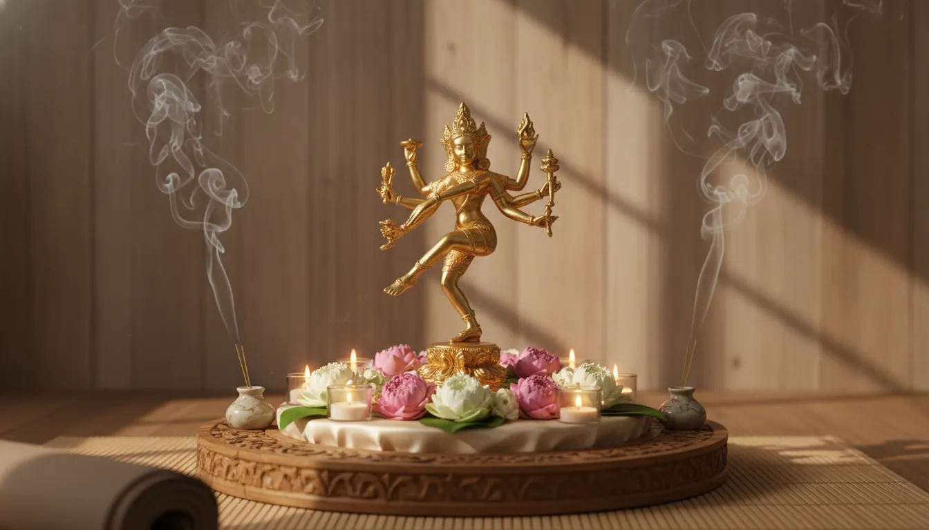 Golden dancing deity statue placed on a meditation altar with burning incense