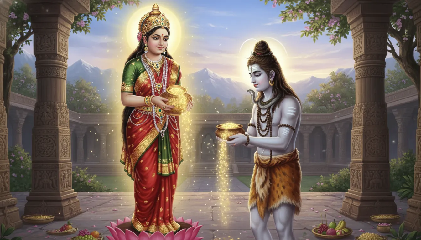 Goddess Parvati as Annapurna pouring golden grain into Lord Shiva’s begging bowl.