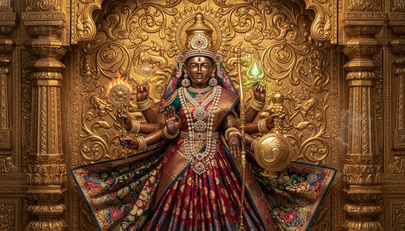 Colorful goddess statue dressed in traditional clothing with ornaments