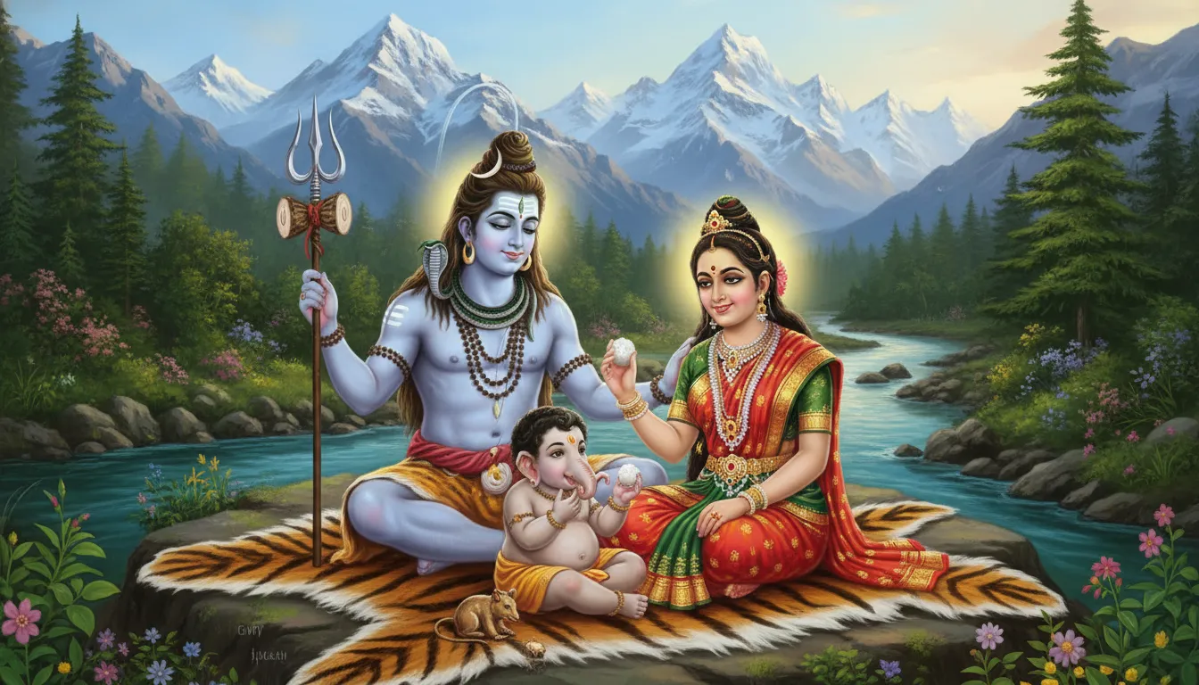 A beautiful classical painting of the divine family featuring Lord Shiva, Goddess Parvati, and baby Ganesha together.