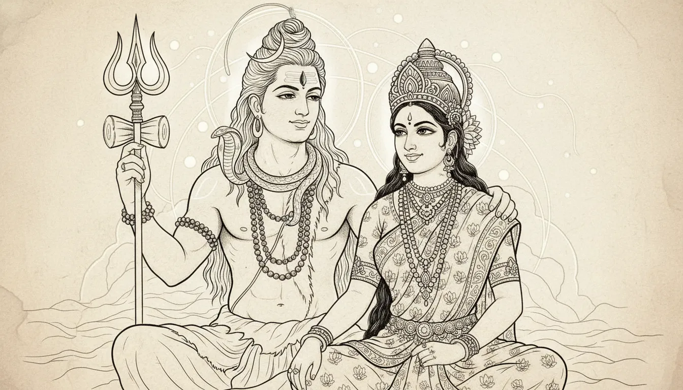 Detailed line drawing of divine couple Lord Shiva and Goddess Parvati