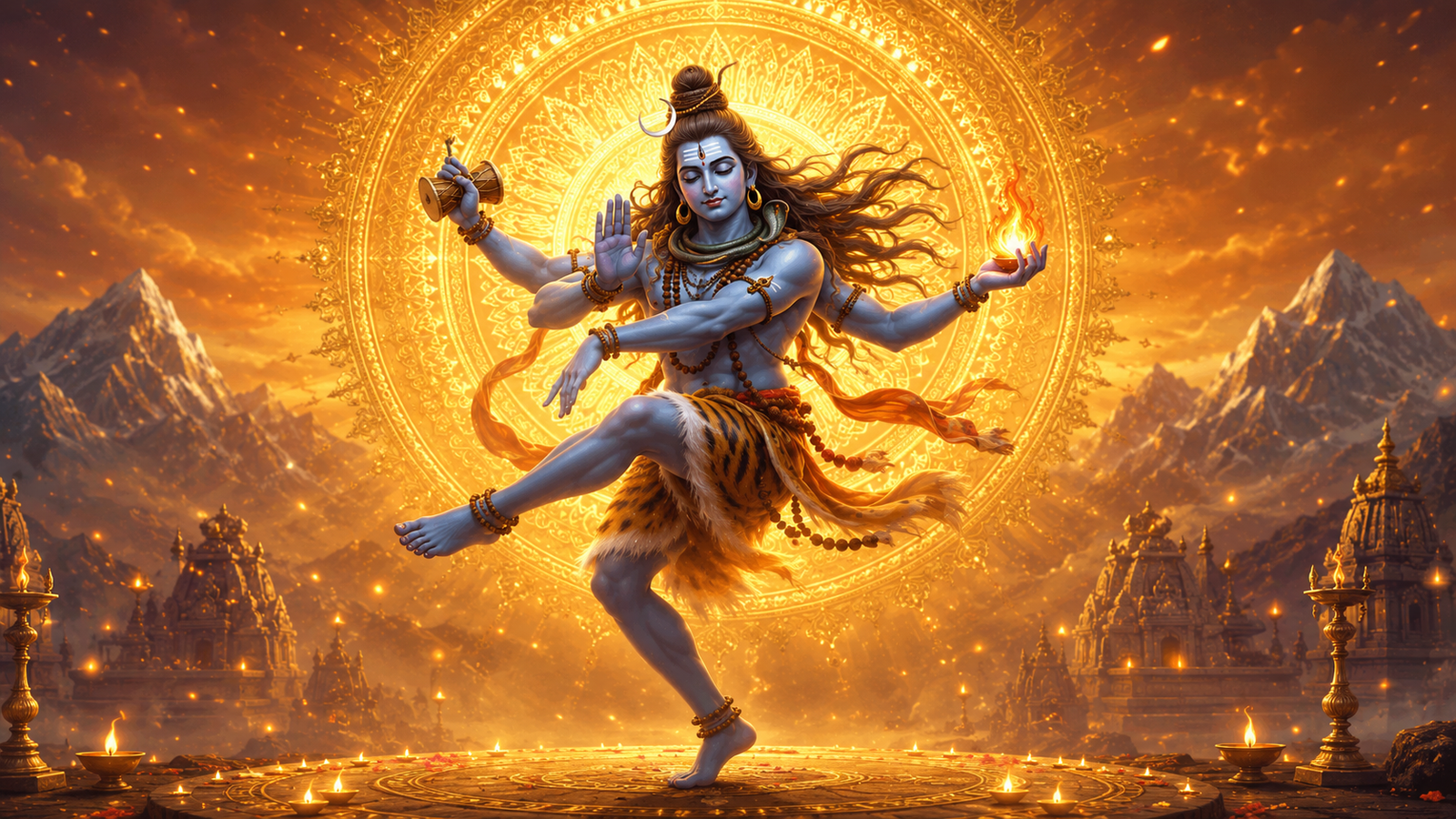 Spiritual illustration of Lord Shiva in a dance pose surrounded by a brilliant golden aura