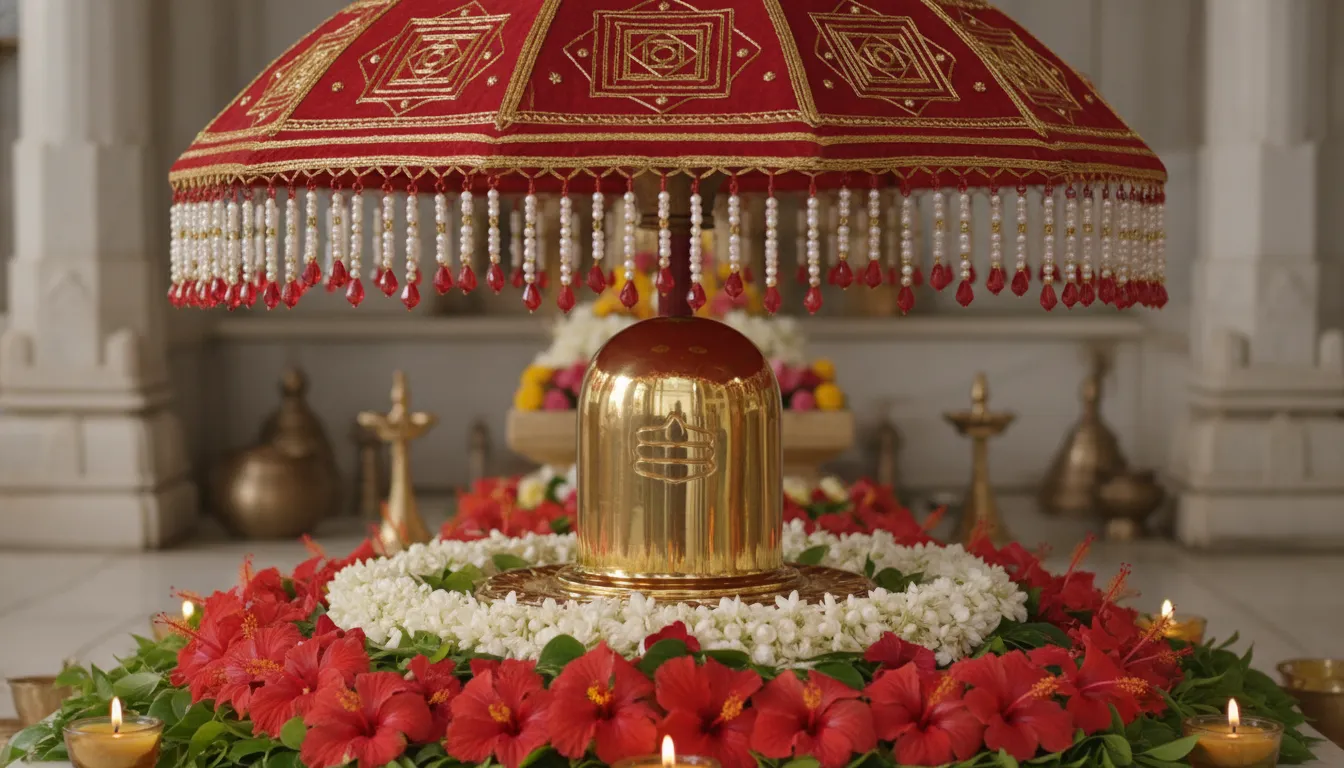 golden lingam under decorative umbrella surrounded by red and white flowers