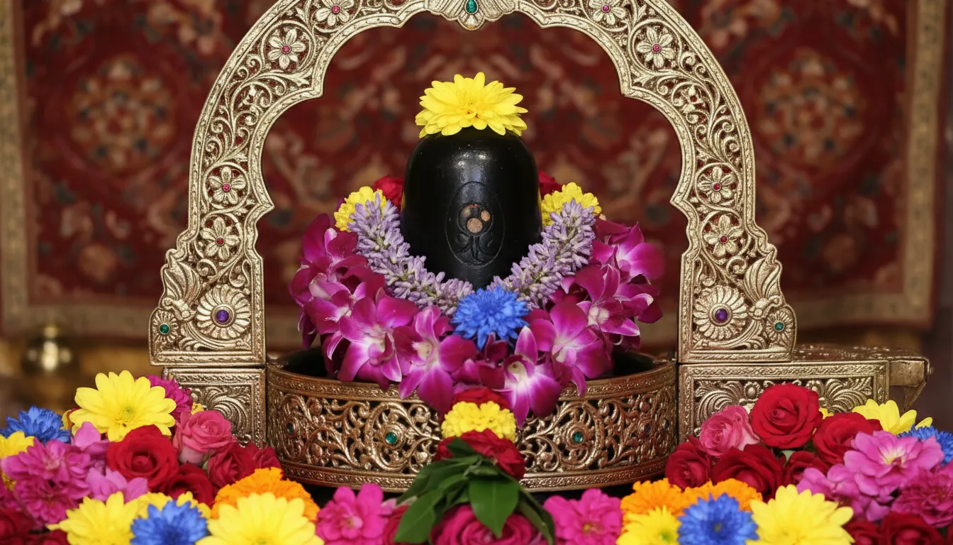Shiva lingam decorated with purple flowers and surrounded by a golden decorative frame