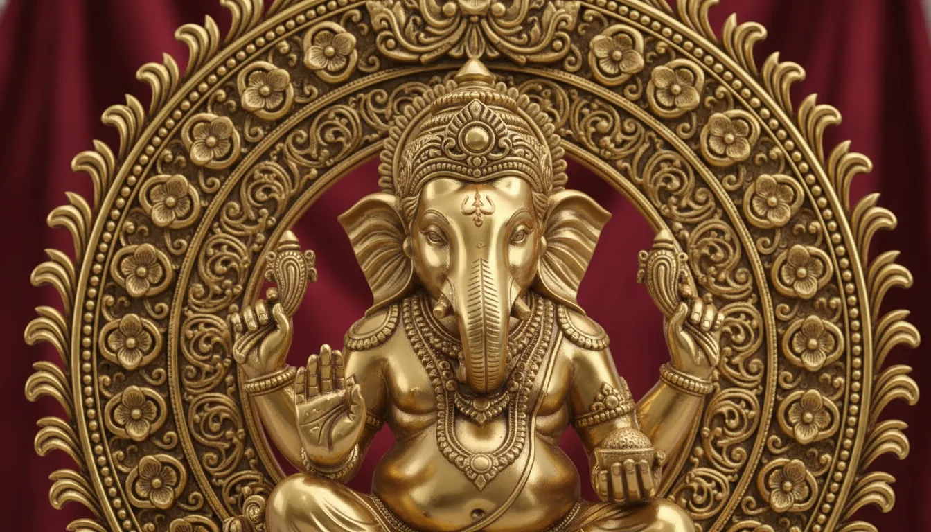 Detailed golden sculpture of Ganesha inside a circular ornamental frame