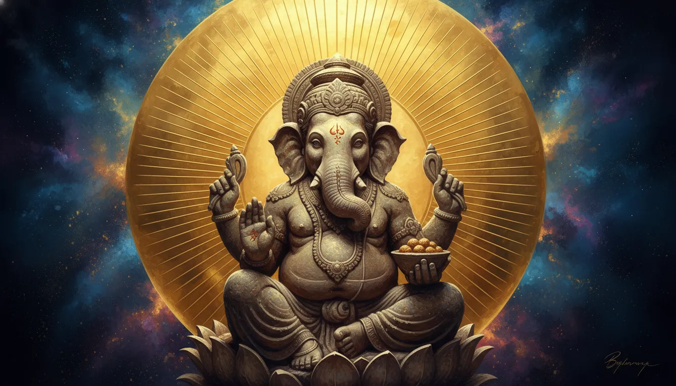 Golden Ganesha sculpture with a large circular glowing aura disk behind