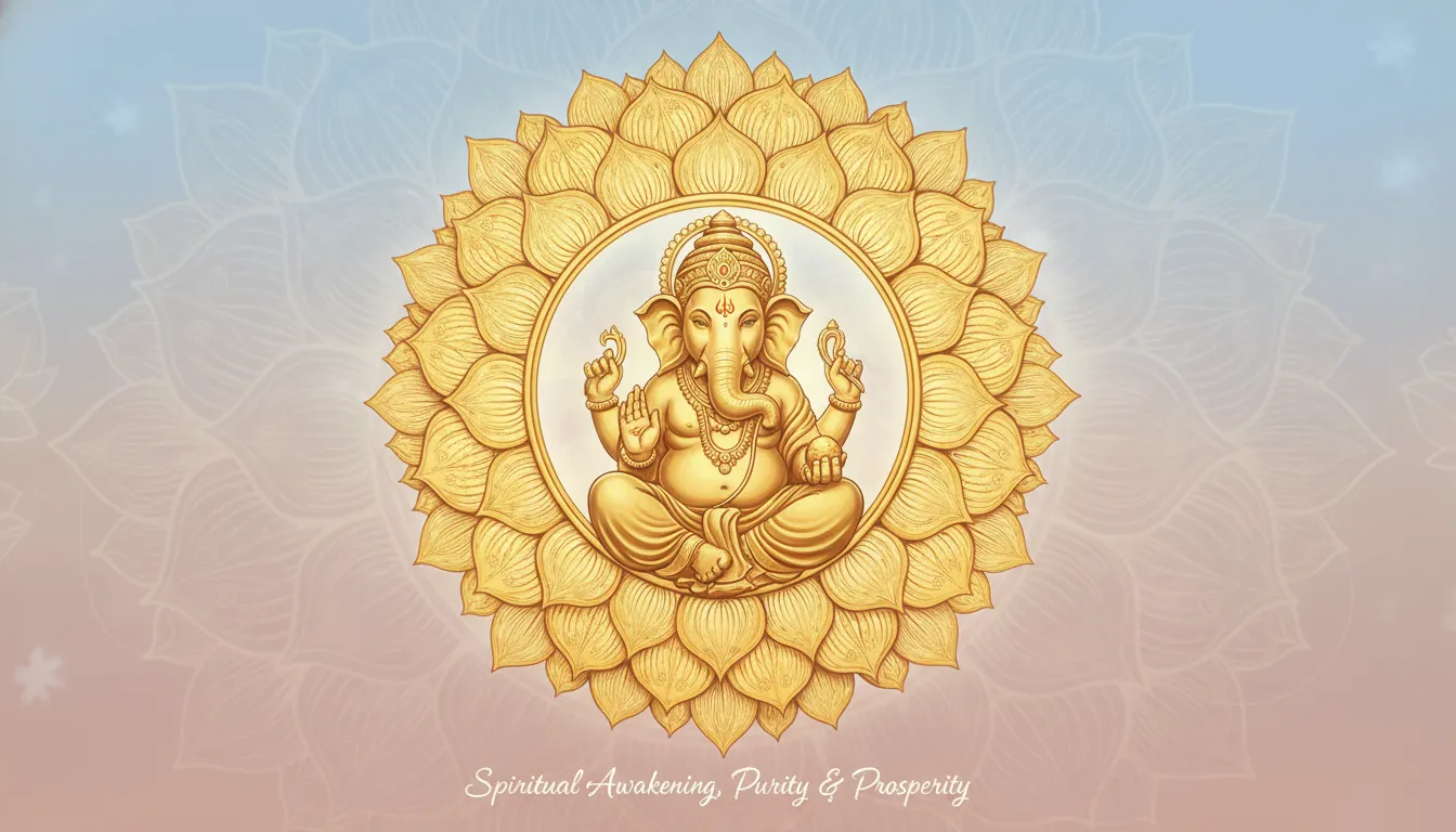 Golden Ganesha sculpture seated inside a fully bloomed lotus flower frame