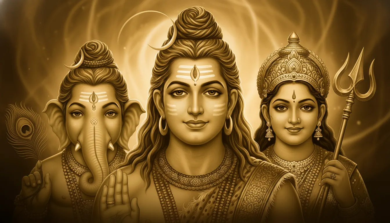 A golden-themed Mahadev full family photo with high contrast light and rich, warm spiritual energy.