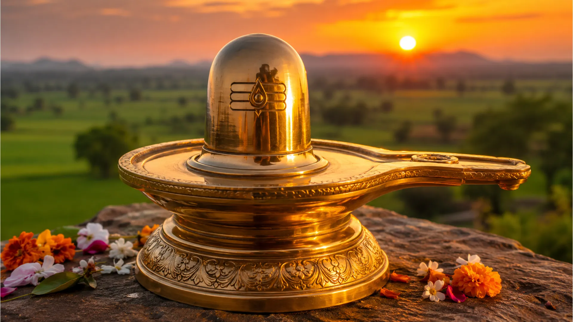Shining brass Har Har Mahadev Shivling photo glowing beautifully under golden hour sunlight.
