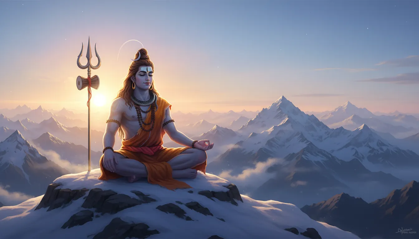 Mahadev meditating on a snowy mountain cliff during a warm golden sunrise.
