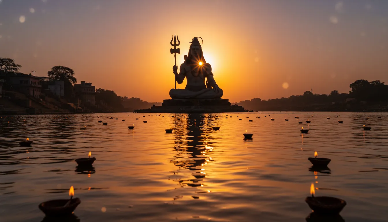 Golden hour sunset photo editing with a large Mahadev statue silhouette near a river bank.