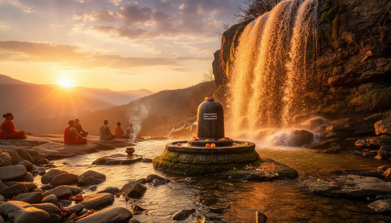 A beautiful Shiva Lingam under a waterfall during a warm golden sunset.
