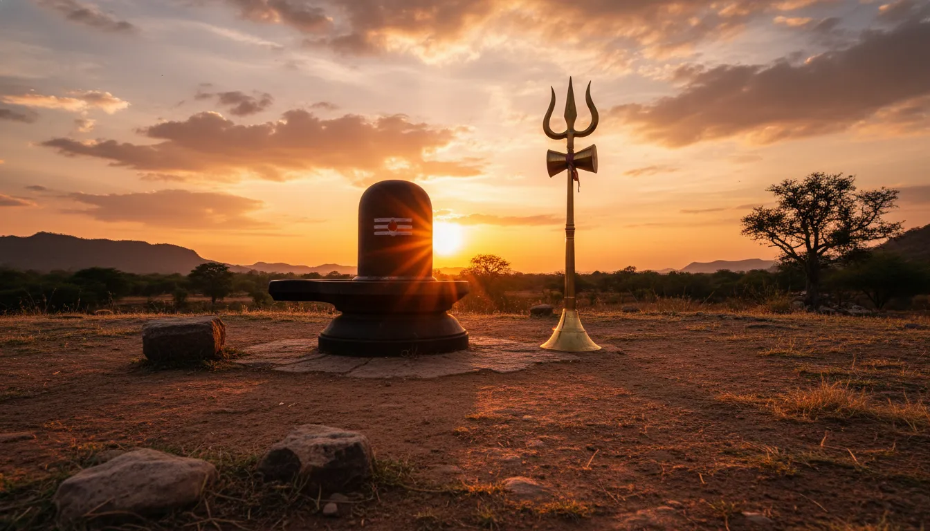Beautiful golden sunset reflection on a Mahadev Shiv Ling photo.
