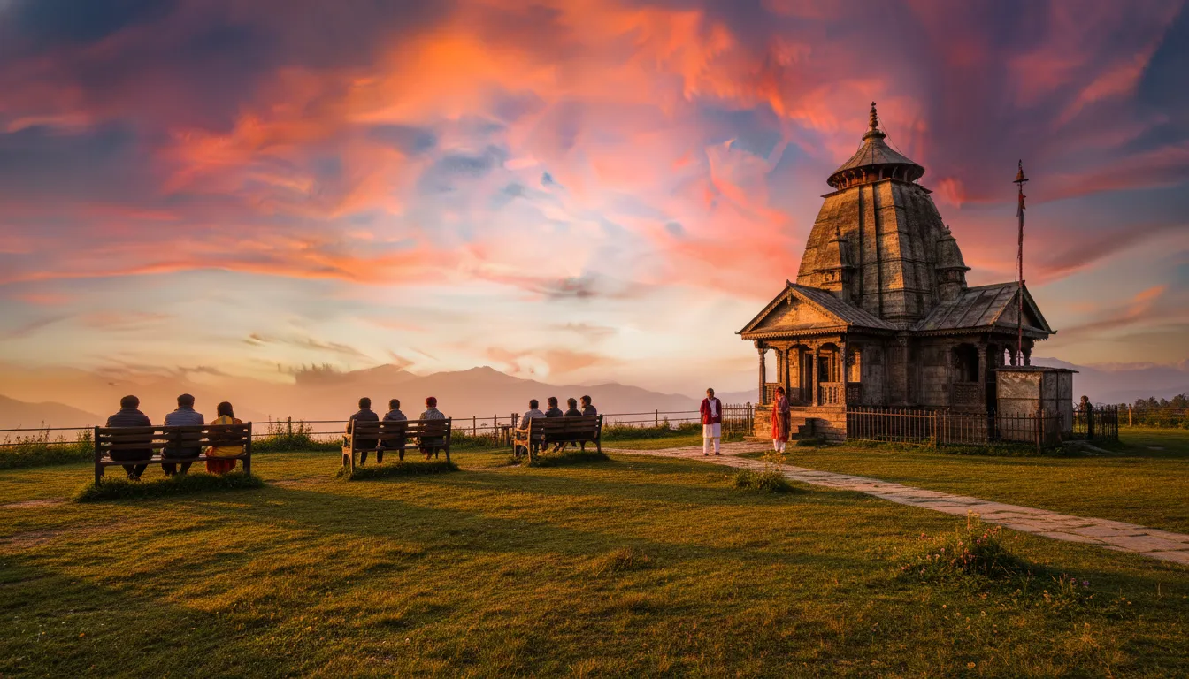 Beautiful sunset view at Bijli Mahadev Temple with golden light hitting the mountains.