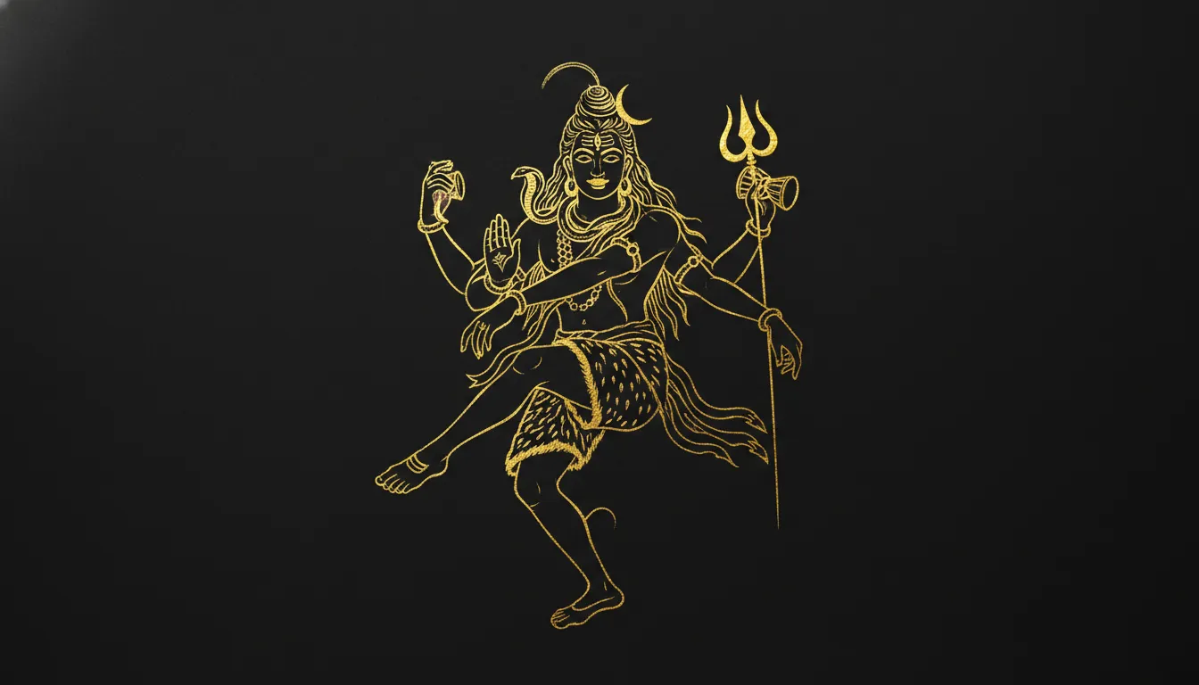 Elegant golden line art illustration of dancing Lord Shiva on a dark background