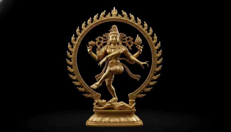 golden nataraja statue with fire ring on black background