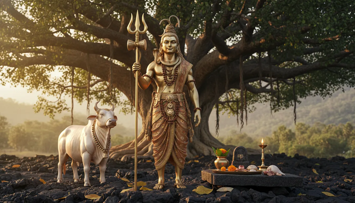 Golden statue of Lord Shiva holding a trident, standing on rocks near a tree and sacred objects