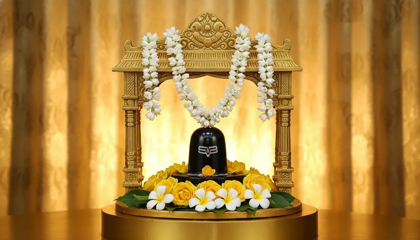 A small Shiva lingam shrine decorated with jasmine garlands, yellow roses, and a golden frame.