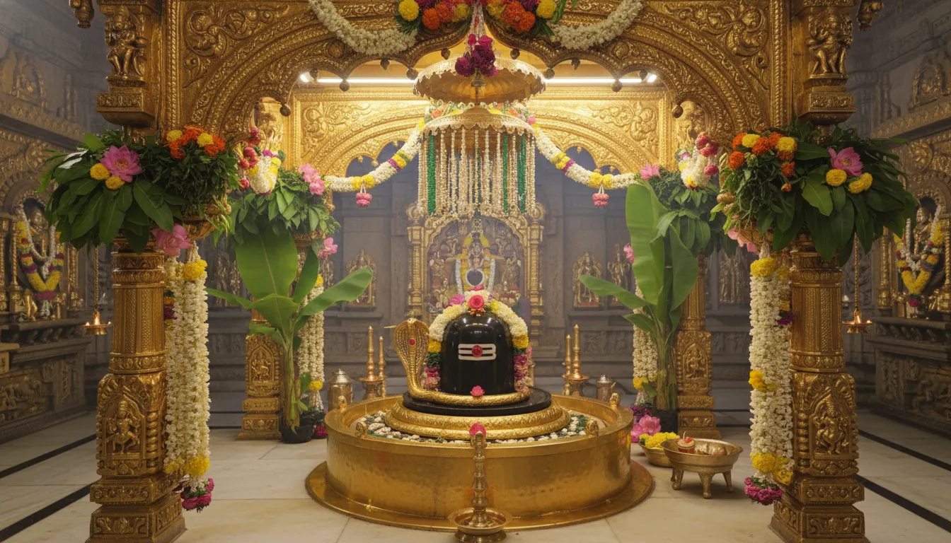 Shiva Lingam under an ornate golden arch with flowers and beads