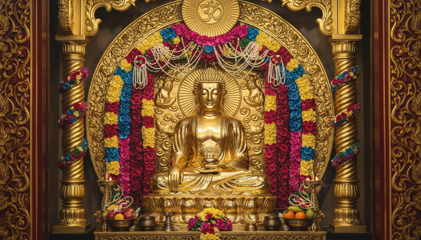 Golden statue seated in front of colorful floral garlands and decorative arch