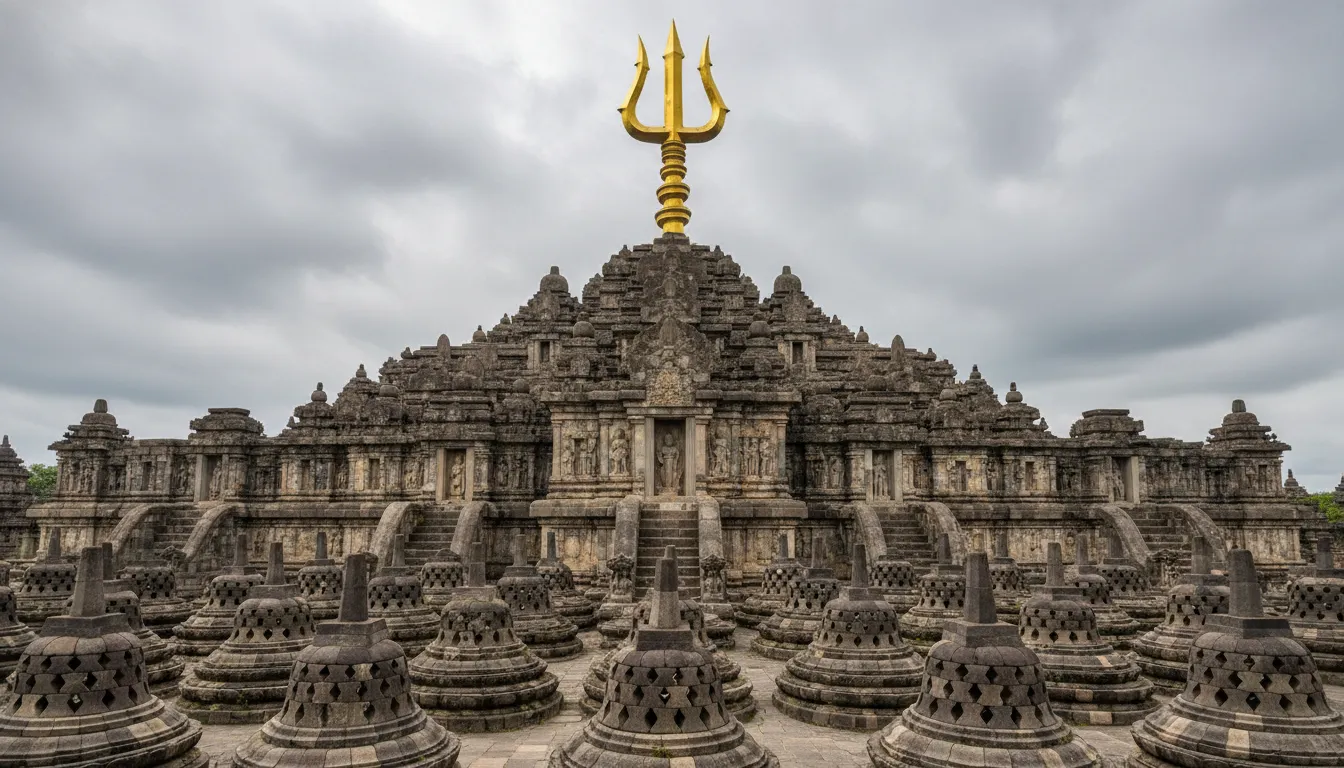 Golden trident symbol standing above multiple small stone shrines