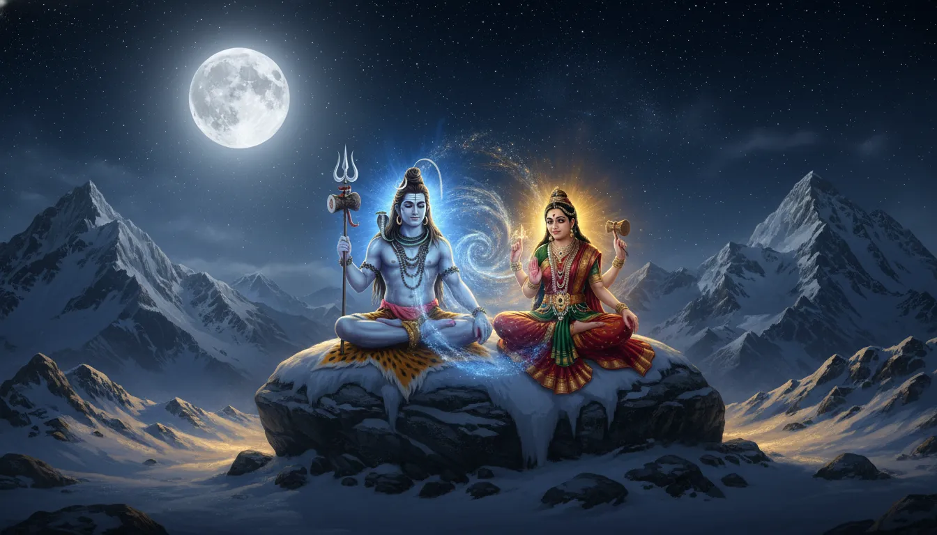 Shiva and Parvati surrounded by powerful glowing auras on a moonlit snowy mountain