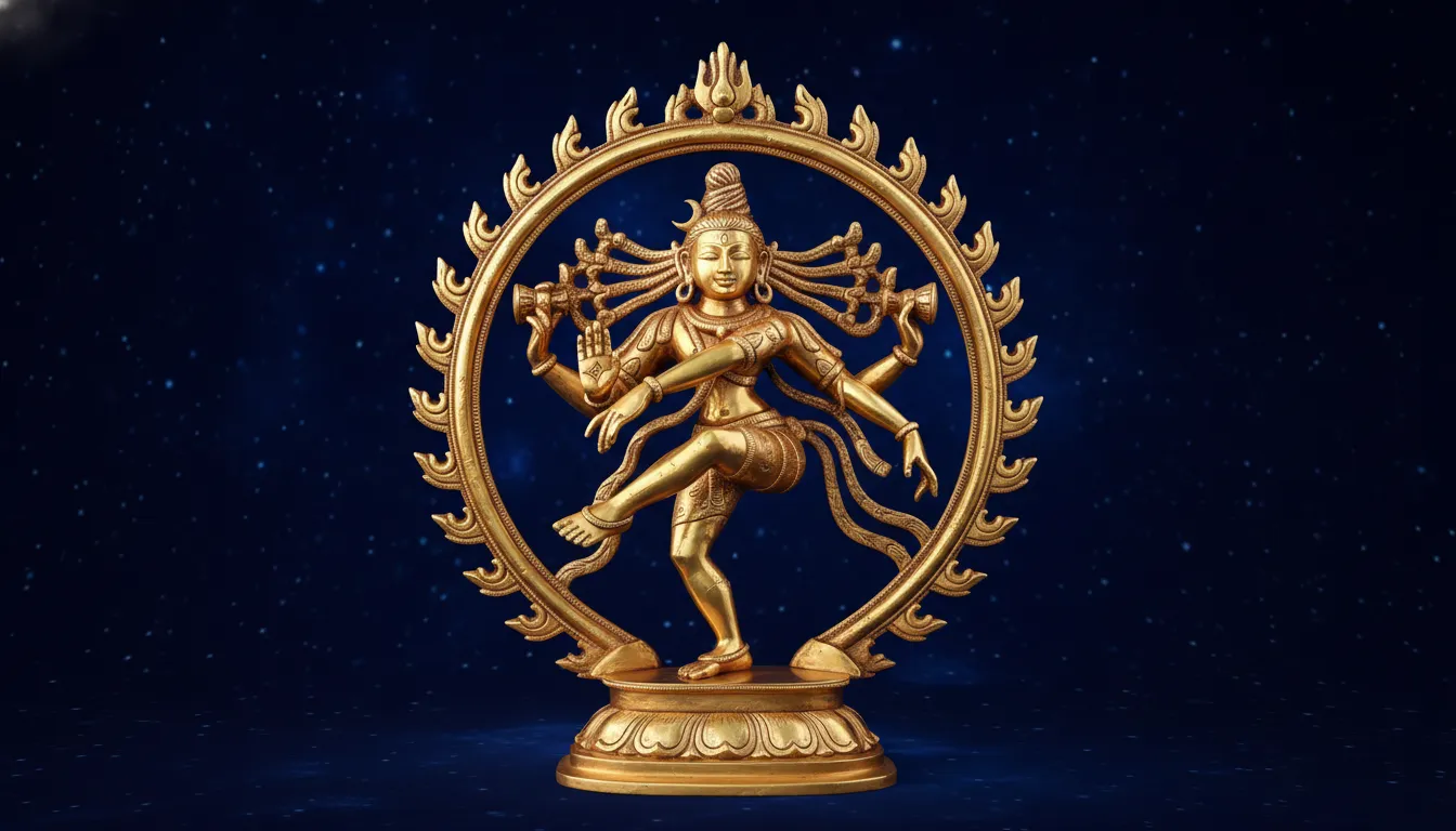 Polished golden bronze dancing Shiva idol shimmering against a dark midnight blue background