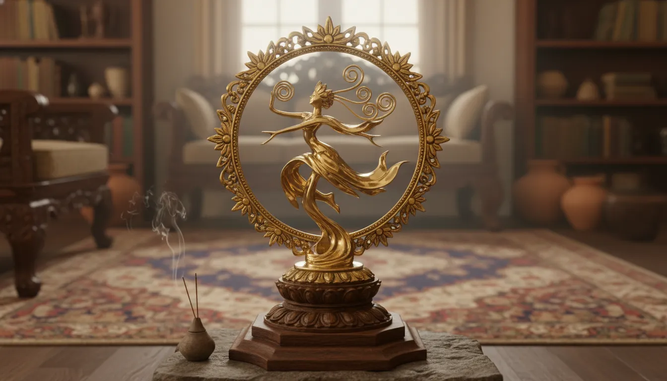 Brass statue of a dancing figure inside a circular ornamental frame
