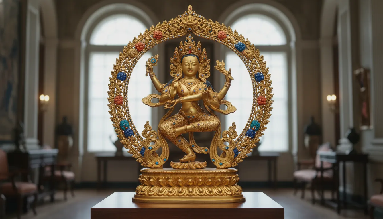 Ornate golden dancing deity statue decorated with small colorful gemstone details