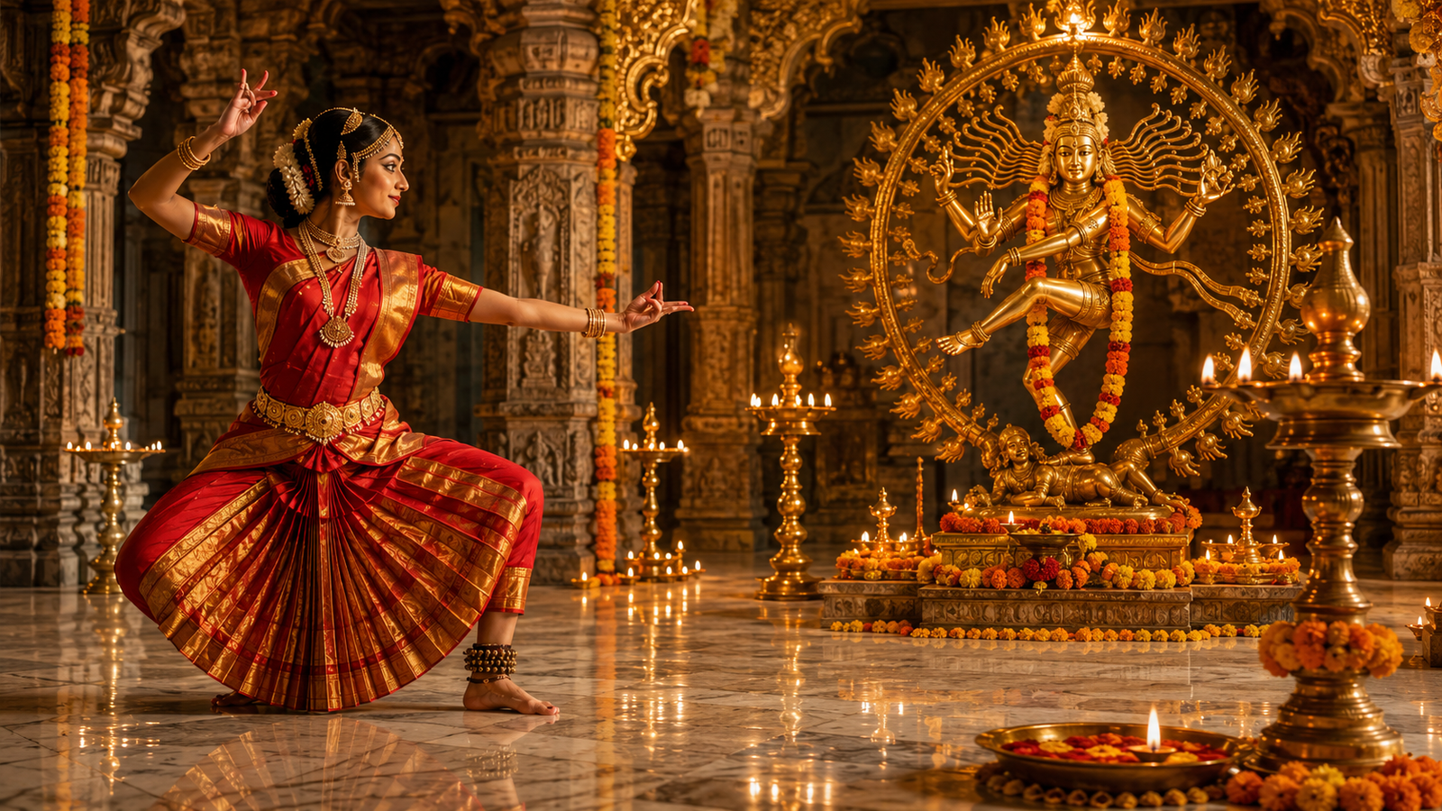 Woman in traditional Bharatanatyam attire performing a dance pose before a golden Lord Shiva statue