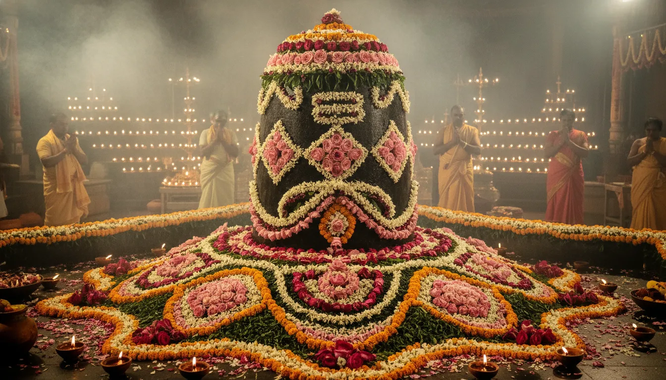 Large temple Shiva Lingam decorated grandly with rows of pink roses, white jasmine, and marigolds for Mahashivratri.