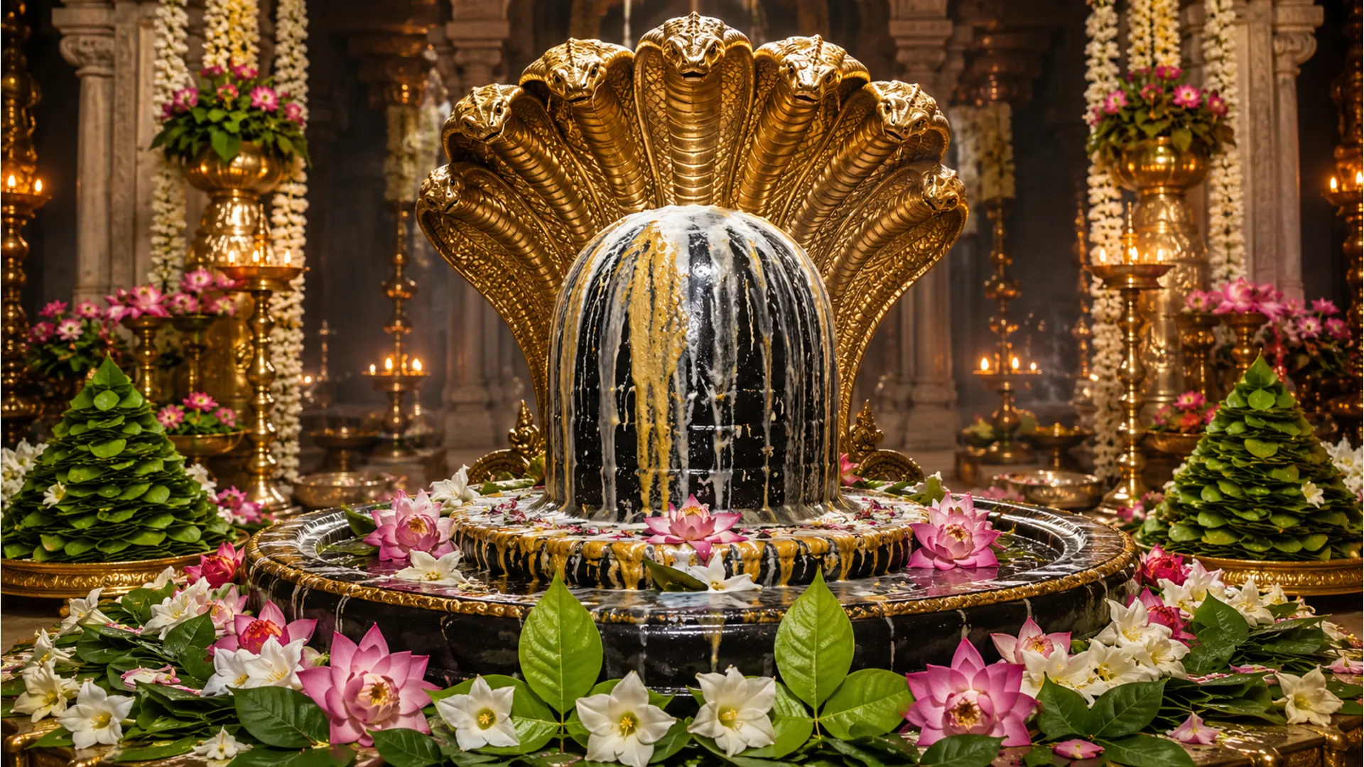 Detailed Har Har Mahadev Shivling photo heavily decorated with milk, honey, and flowers for Shravan festival.