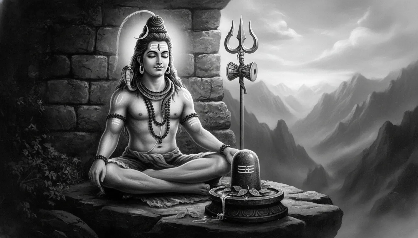 A grayscale Lord Shiva statue seated behind a Shiva lingam with a trident and drum beside him.